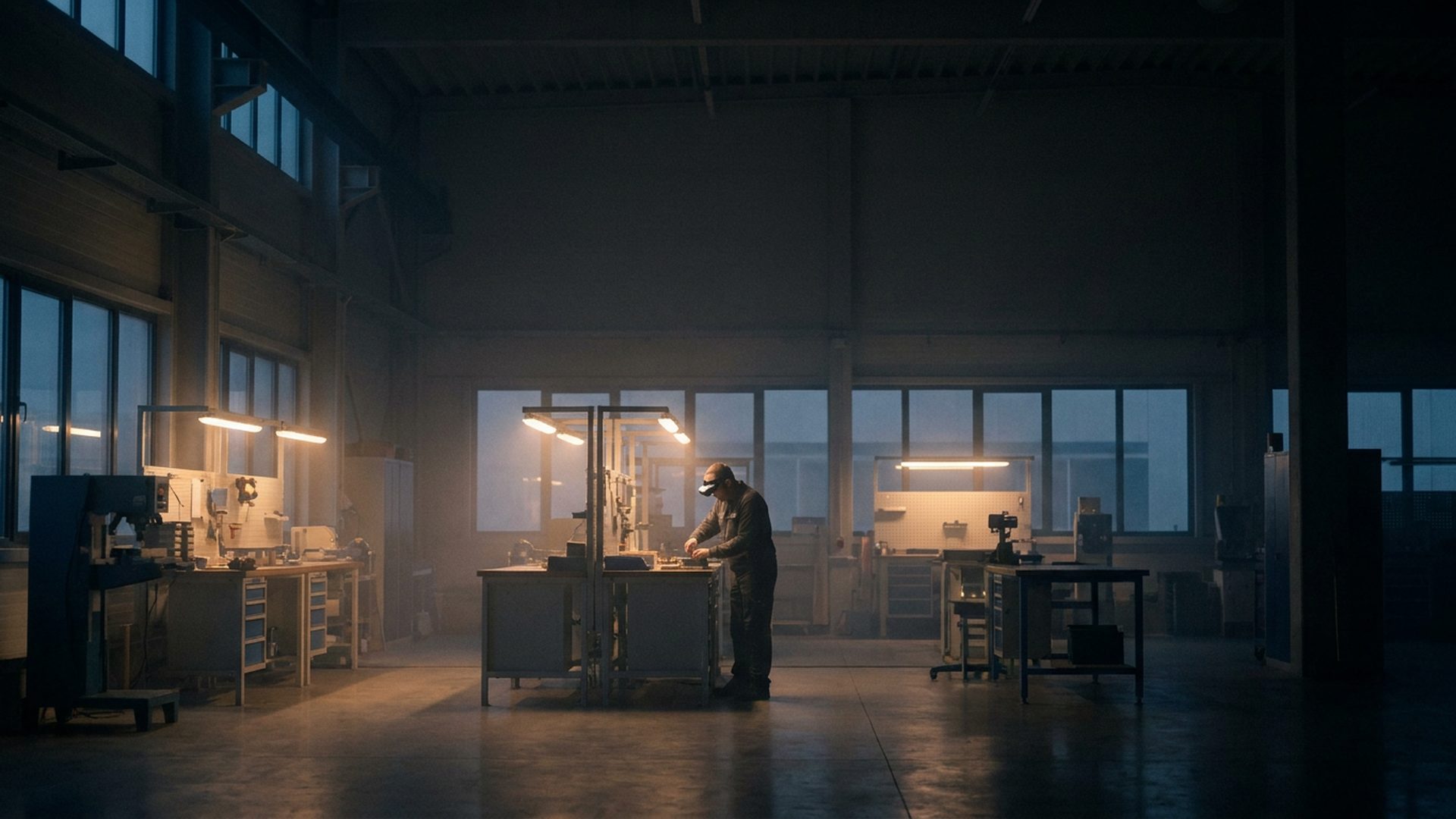 A worker wearing a head-mounted camera performing a two-handed assembly task in a workshop at dusk